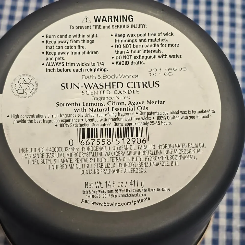 BBW Sun Washed Citrus Large 3 Wick Candle Home Fragrance Decor